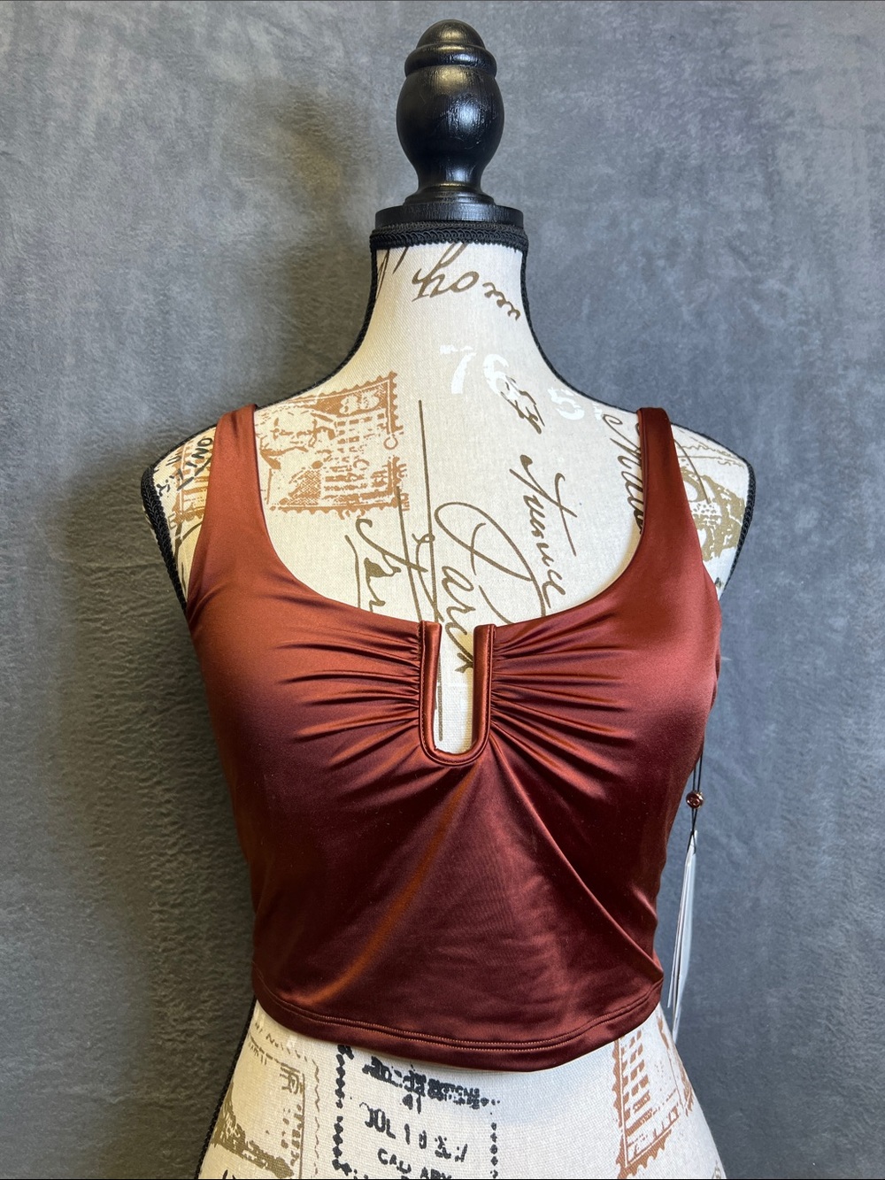 Satin-Rust Crop Camisole with Front Keyhole